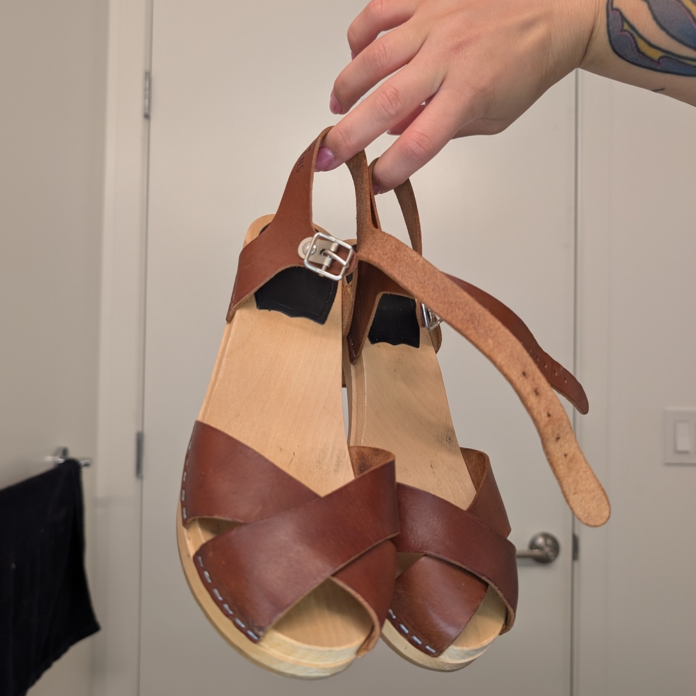 Swedish Hasbeens Brown Leather Sandals with Silver Buckle